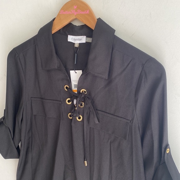 Calvin Klein modern essentials black roll tab sleeve blouse, Size S, NWT - Picture 3 of 10